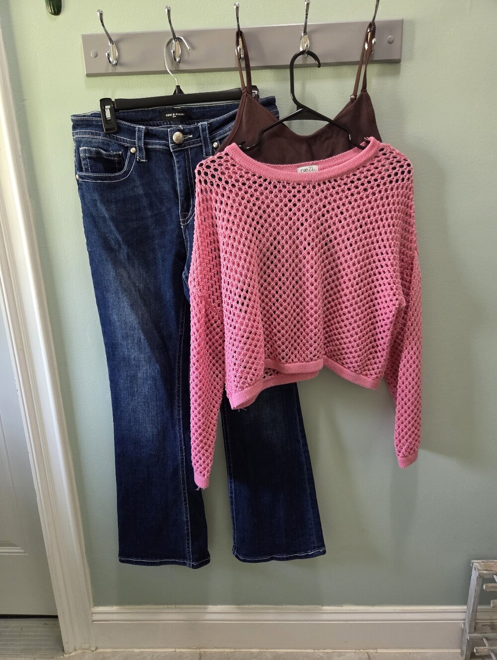 Fire & Rain Jeans With Pink Knitted Sweater & Cranberry Layer, Outfit, EUC